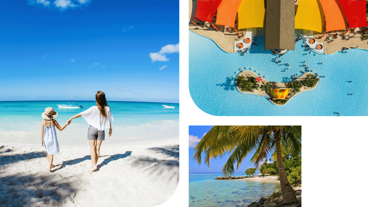 A collage of tropical imagery from the Caribbean, with children playing in the ocean, a palm-lined beach and an overhead view of Celebration Key.