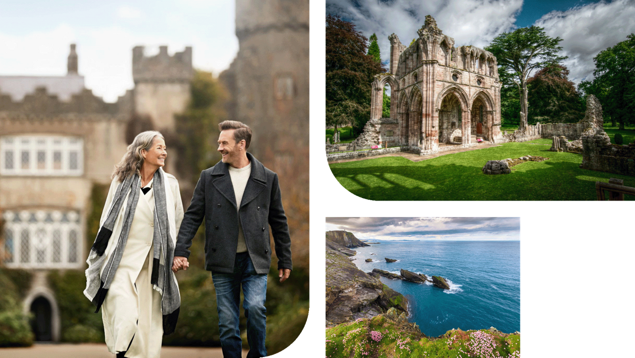 A collage of imagery from Europe. featuring European architecture and shorelines.