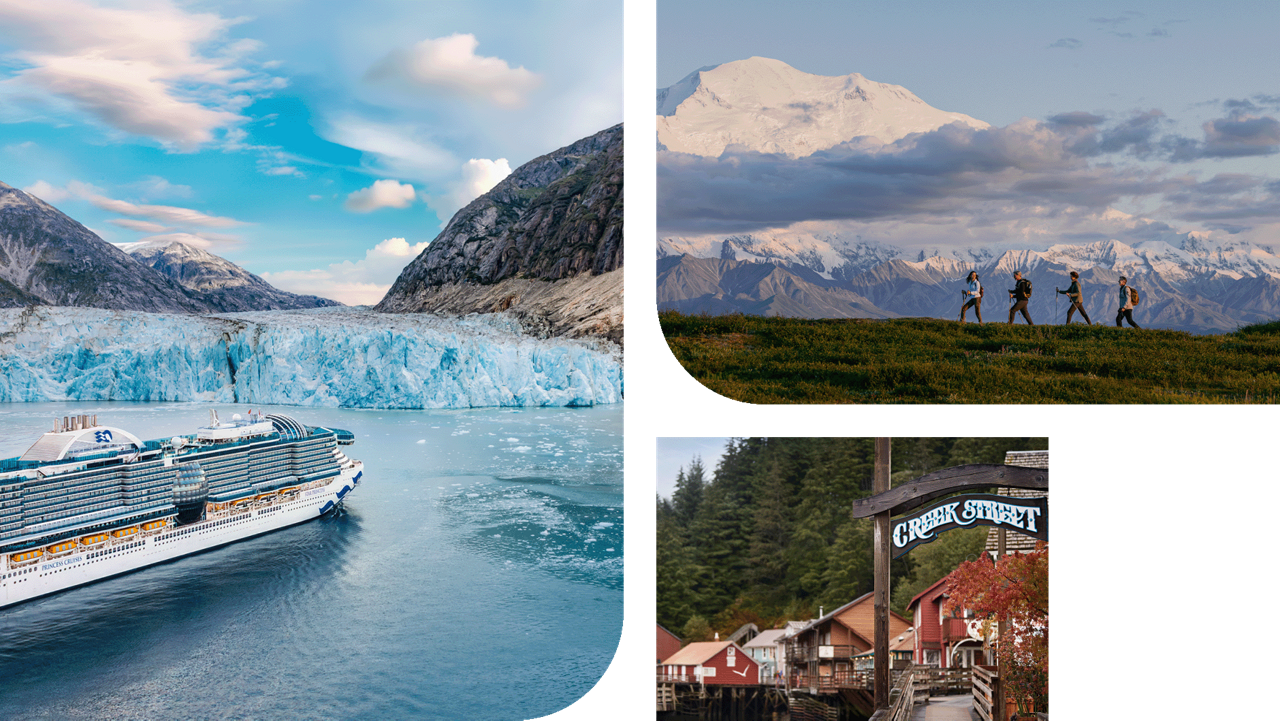 A collage of imagery featuring a Princess ship gliding by glaciers, hikers and a quaint Alaskan town.
