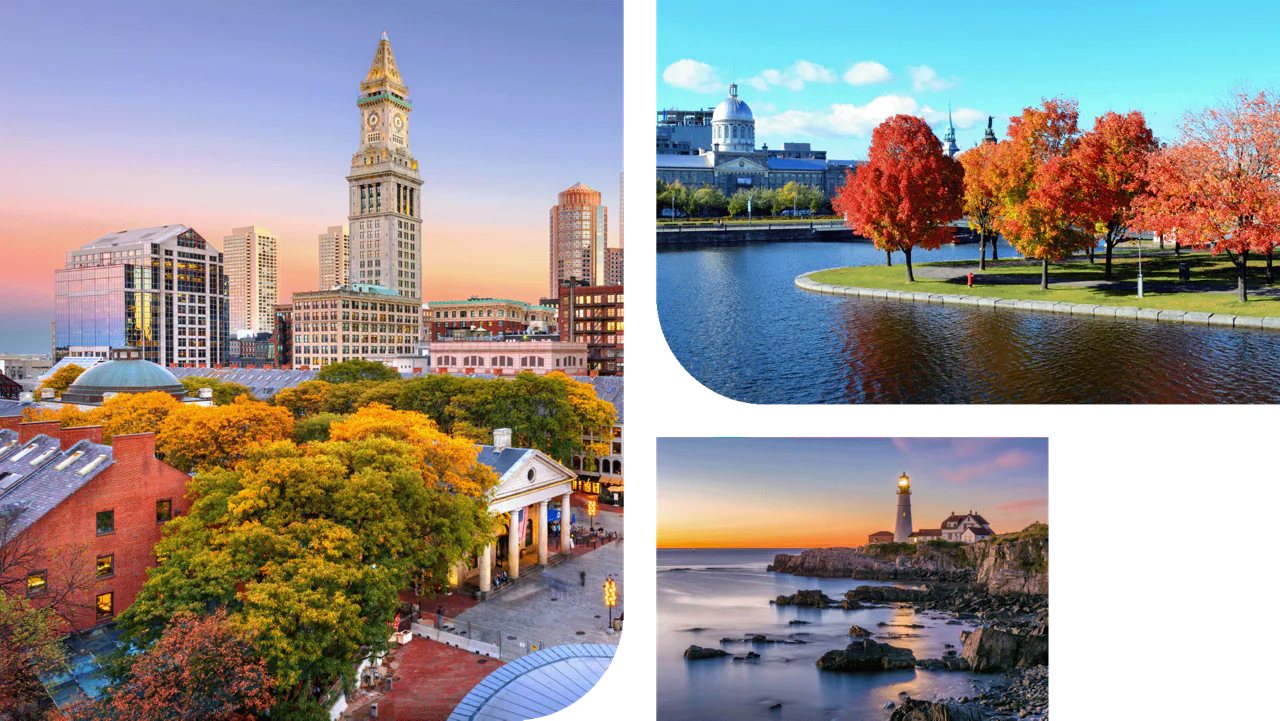 A collage of imagery featuring New England cities in the fall and a lighthouse overlooking the sea.