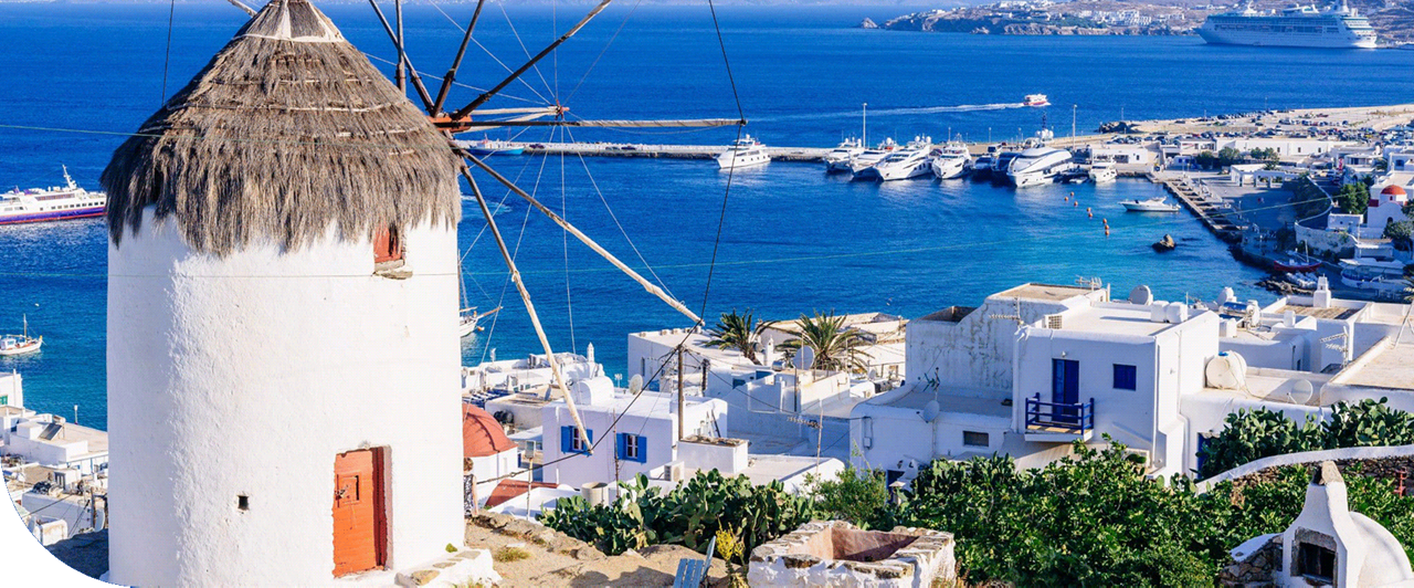 Windmills overlooking the sea in Santorini, Greece