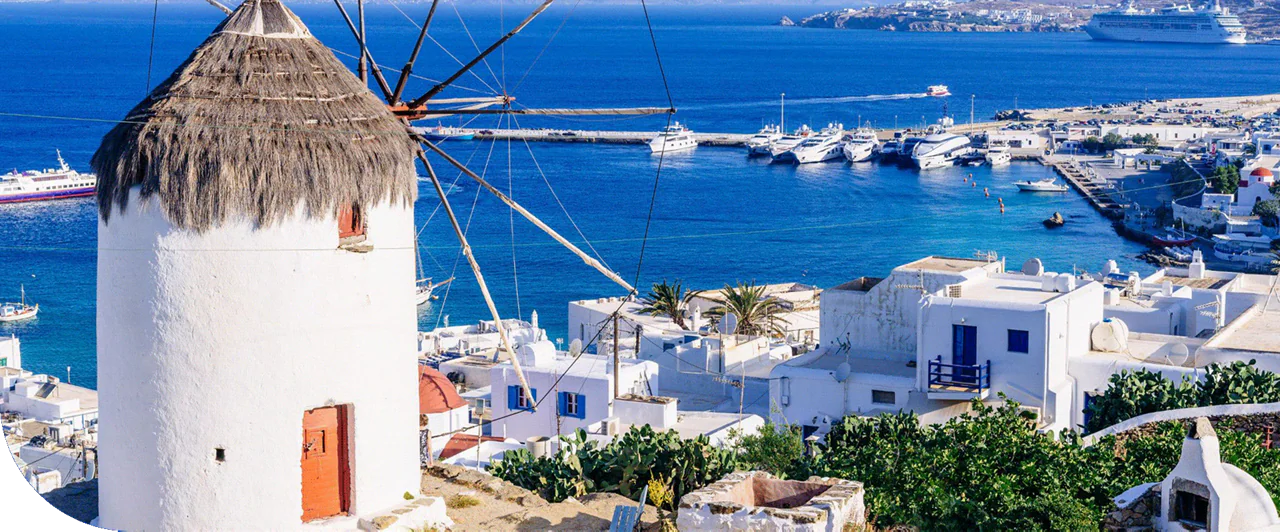 Windmills overlooking the sea in Santorini, Greece