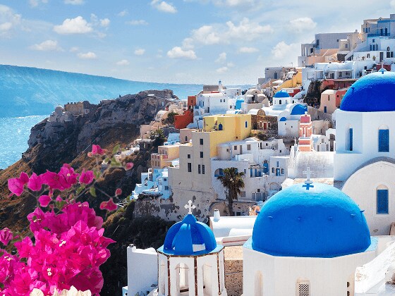 Iconic blue roof tops of Santorini, Greece.
