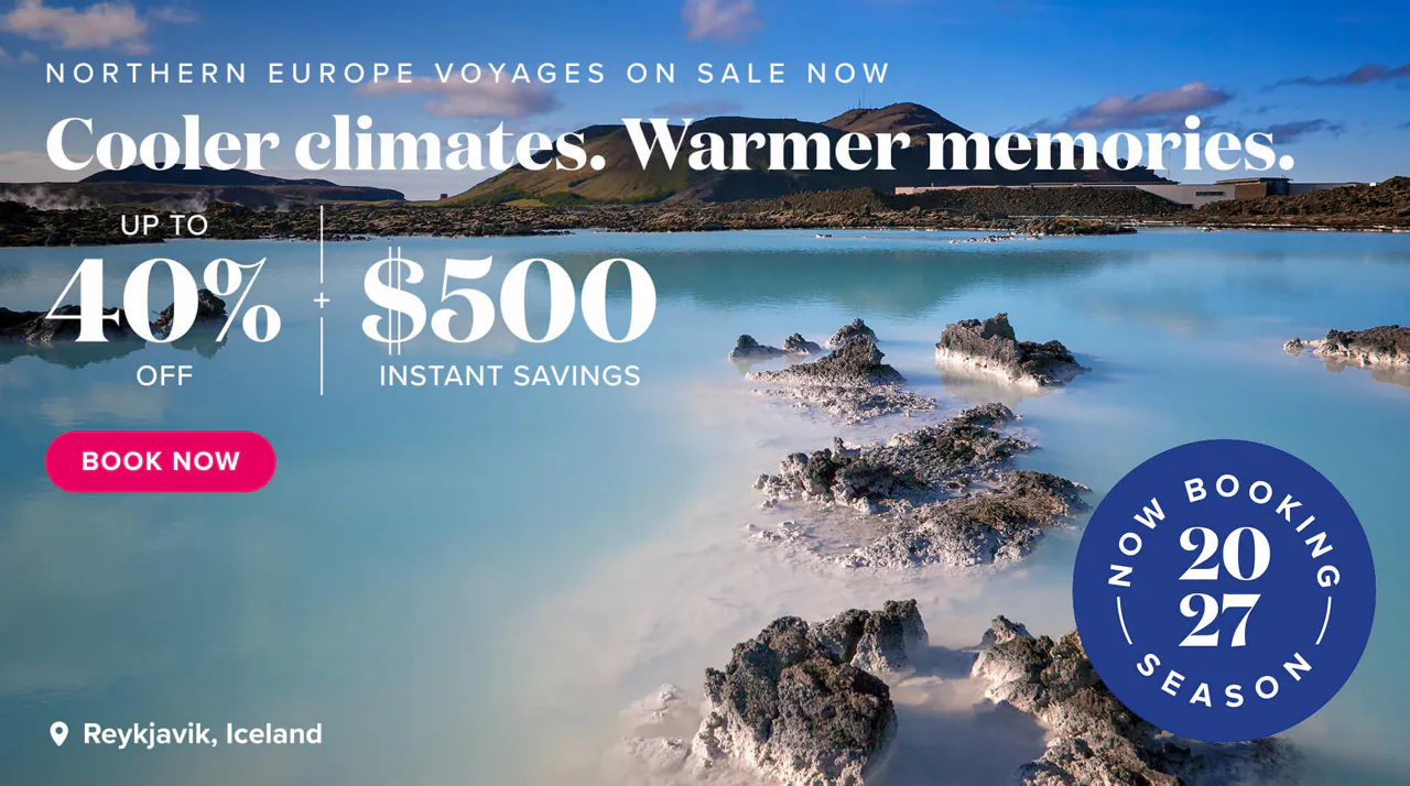 Reykjavik, Iceland. Northern Europe Voyages on sale now. up to 40% off + $500 instant savings. Captain's Circle Savings up to $400 bonus per stateroom.
