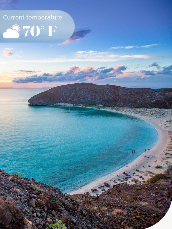 Elevated view of sandy beach and crystal blue waters of La Paz