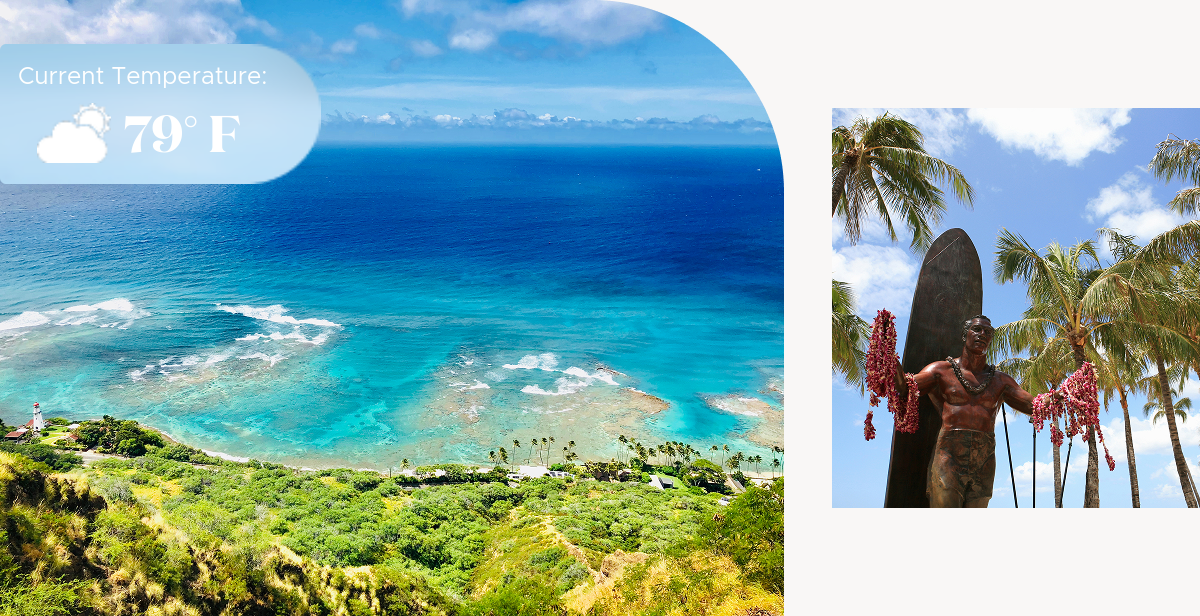 Tropical coastline, palm trees, white sandy beach and blue skies and waters of Honolulu