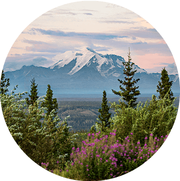 A majestic mountain with a snow-covered peak rises against a clear blue sky, surrounded by lush greenery and scattered clouds.
