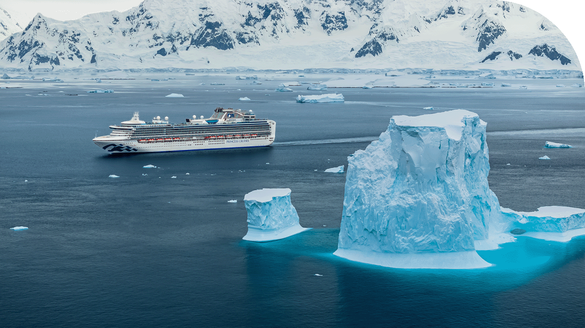 A Princess ship sails past glaciers in Antarctica