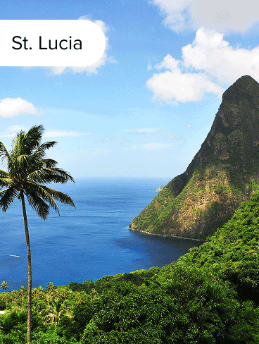 Lush green mountains, palm trees and blue waters of St. Lucia.