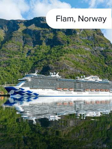 A Princess ship sails through waters of Flam, Norway.