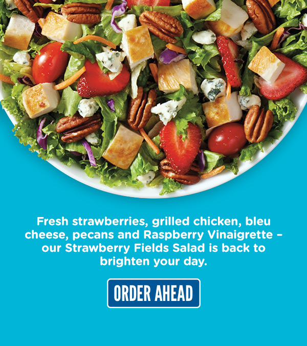 Fresh strawberries, grilled chicken, bleu cheese, pecans, and raspberry vinaigrette. Order ahead here