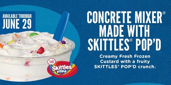 concrete mixer made with skittles pop'd. creamy fresh frozen custard with a fruity skittles pop'd crunch.