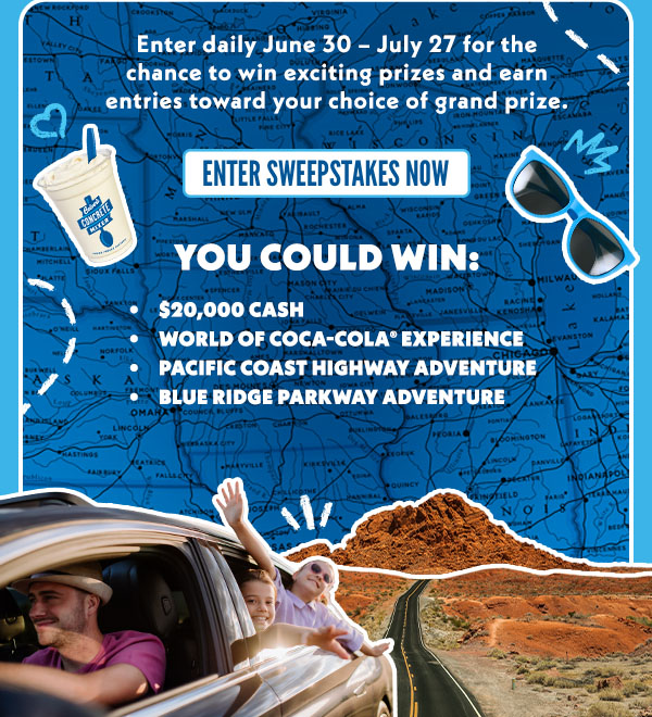 Enter daily from June 30th to July 27th for the chance to win exciting prizes and earn entries towards your choice of a grand prize. You could win $20,000 cash, a World of Coca-Cola experience, a Pacific Coast highway adventure, or a Blue Ridge parkway adventure. Enter the sweepstakes now!
