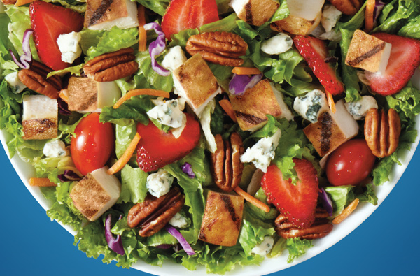 Sweet strawberries, fresh tomatoes, crunchy pecans, bleu cheese crumbles and our brand-new grilled chicken. The Strawberry Fields Salad is everything you want in a summer salad - and then some.