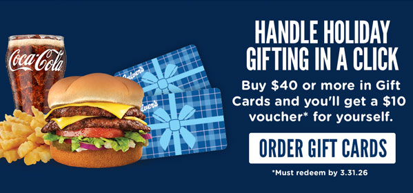 Handle holiday gifting in a click. Buy $40 or more in Gift Cards and you'll get a $10 voucher for yourself. Must redeem voucher by 3.31.2026. Order gift cards!