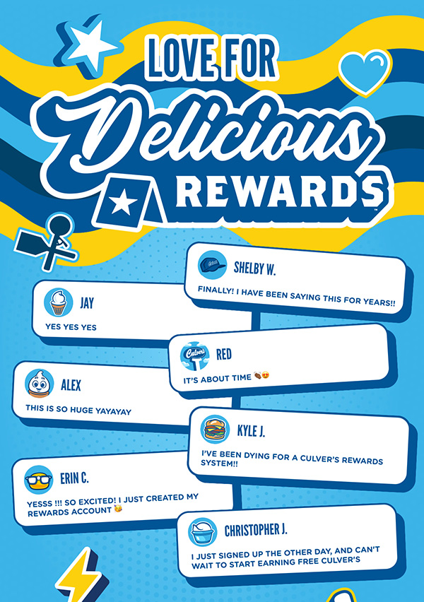 Love for Delicious Rewards: Kyle J said I've been dying for a Culver's rewards system! Erin C posted Yesss, so excited! I just created my rewards account. And even more Culver's fans have been posting about their excitement.