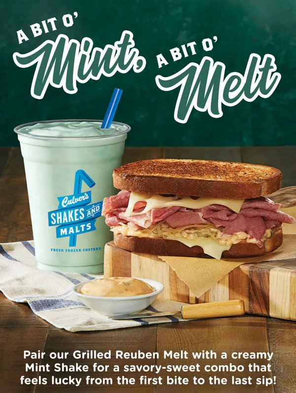 A bit o' mint, a bit o' melt! Pair our Grilled Reuben Melt with a creamy Mint Shake for a savory-sweet combo that feels lucky from the first bite to the last sip!
