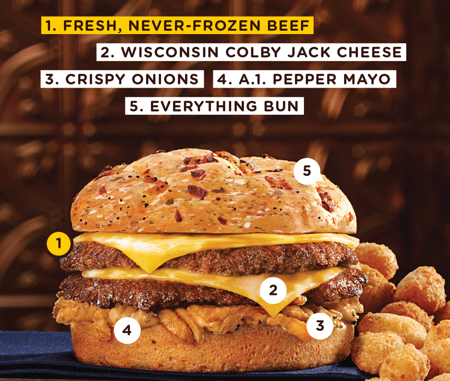 Ingredients: Fresh, never-frozen beef, Wisconsin Colby Jack Cheese, Crispy Onions, A.1. Pepper Mayo.