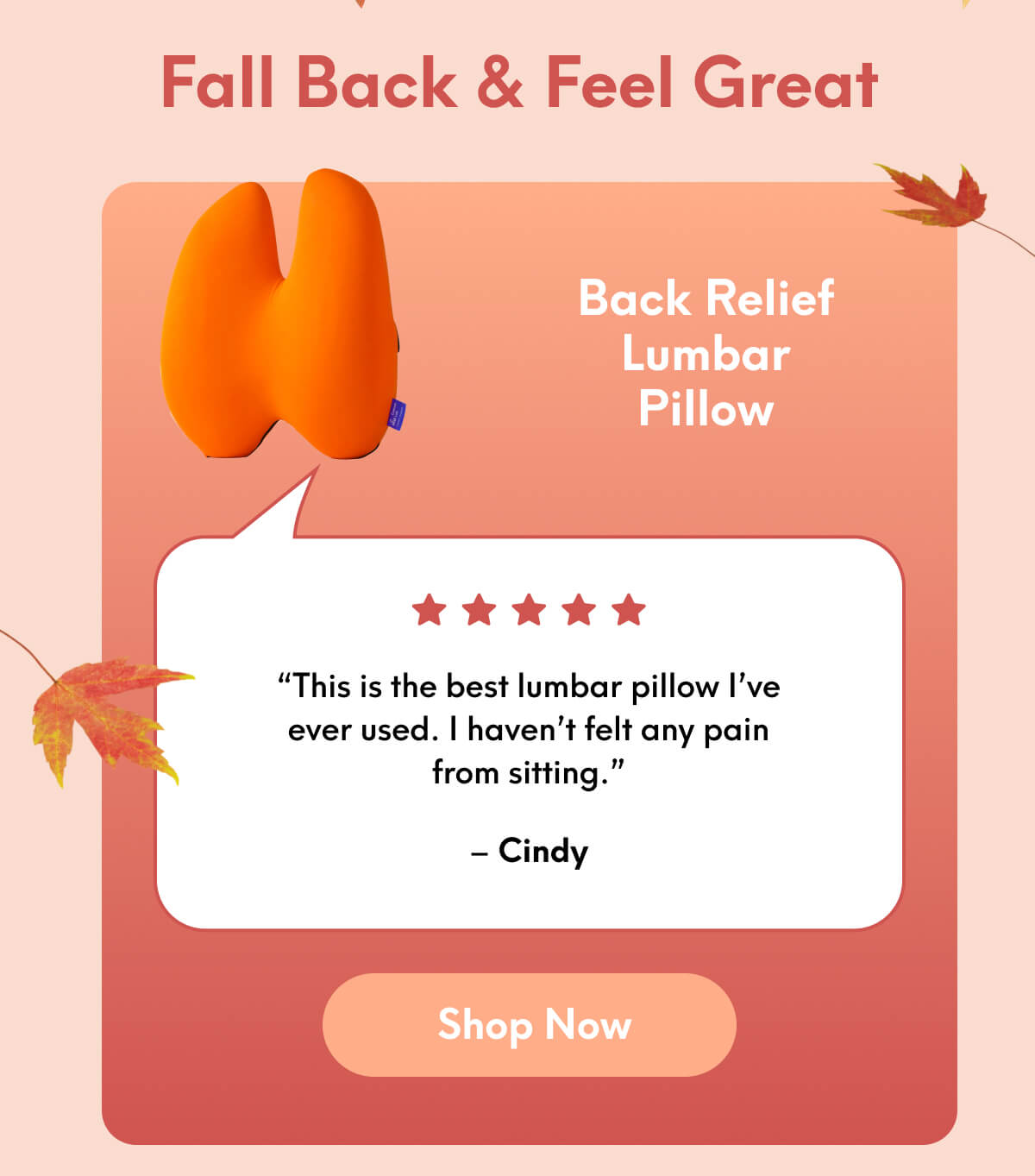 Fall Back & Feel Great | Back Relief Lumbar Pillow | “This is the best lumbar pillow I’ve ever used. I haven’t felt any pain from sitting.” - Cindy | [SHOP NOW]