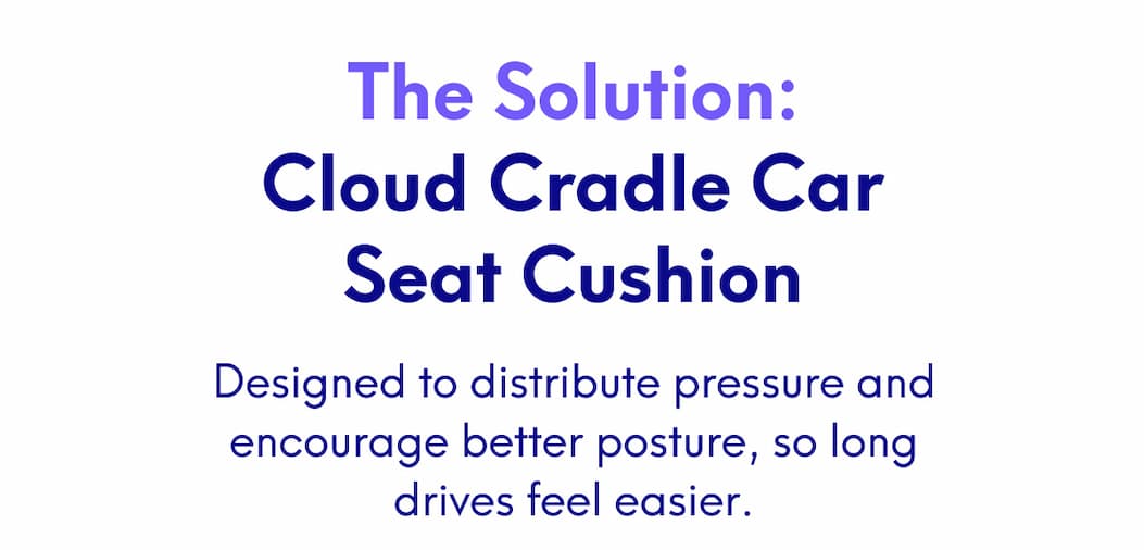 The Solution: Cloud Cradle Car Seat Cushion - Designed to distribute pressure and encourage better posture, so long drives feel easier.