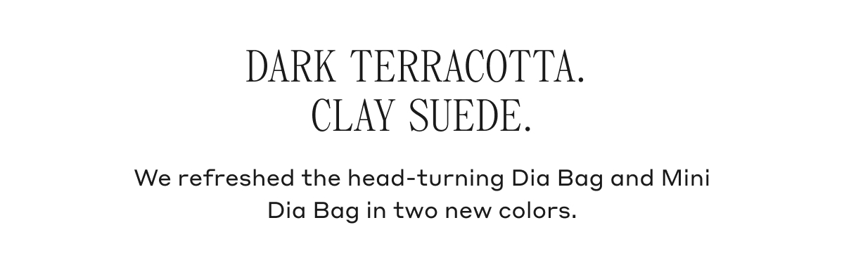 DARK TERRACOTTA. CLAY SUEDE. We refreshed the head-turning Dia Bag and Mini Dia Bag in two new colors.