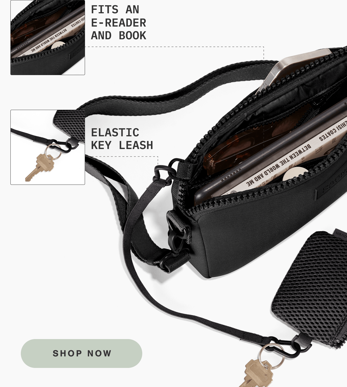 Fits an e-reader and book. Elastic key leash.