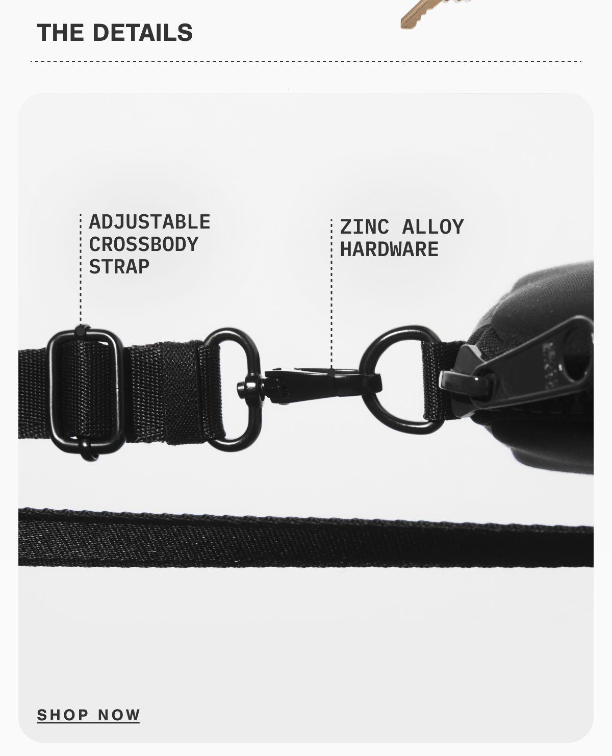 Adjustable crossbody strap. Zinc alloy hardware.