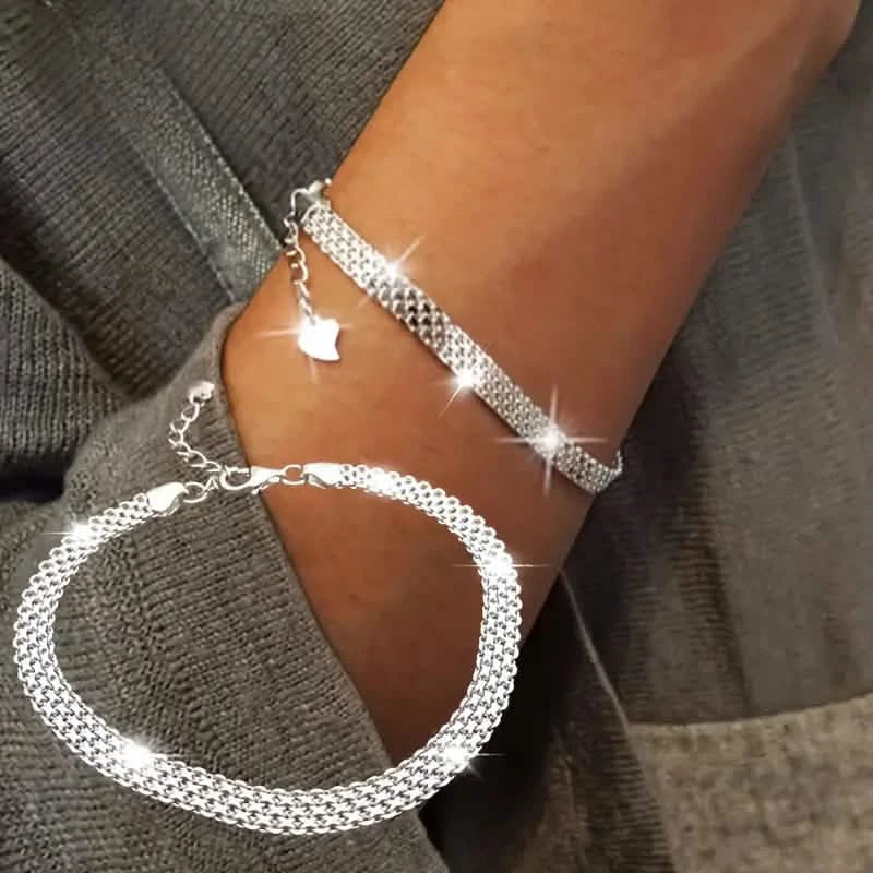 Image of S925 Sterling Silver Chain Bracelet, Sparkling Mesh Embossing Pattern Jewelry