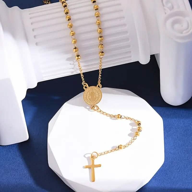 Image of Stainless Steel St. Benedict Pattern Golden Rosary Cross Pendant Necklace