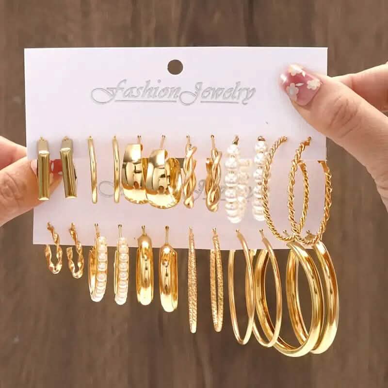 Image of 12-Pairs: Gold Hoop Earrings with Faux Pearl Decor Set