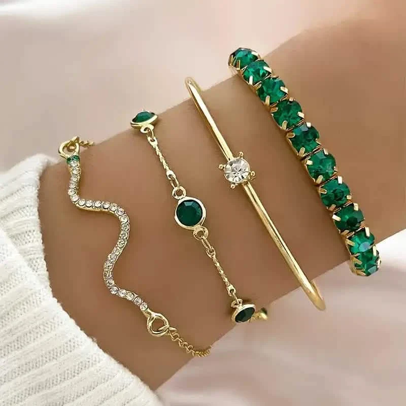 Image of 4pcs Green Emerald Rhinestone Snake Bracelet Set for Women