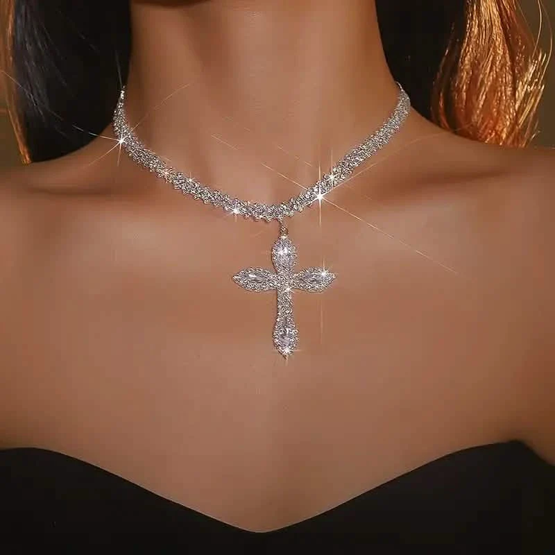 Image of 925 Sterling Silver Cross Pendant Necklace with Sparkling Rhinestone Embellishments