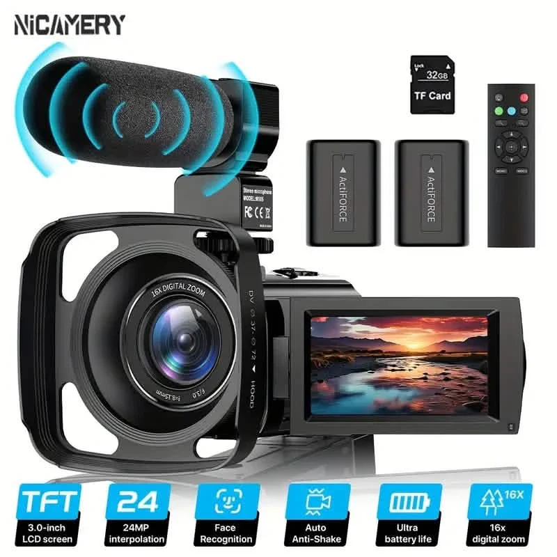 Image of 16x Zoom 1080P HD Digital Camera Bundle with 2 Batteries, 32G TF Card, Mic, Hood & Bag