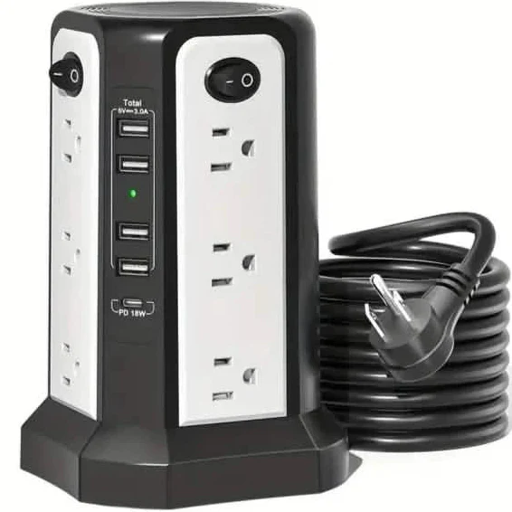 Image of Surge Protector Tower 1800J with 4 USB A Ports, USB C (PD18W) Port, 12 AC Outlets and 10FT Cord