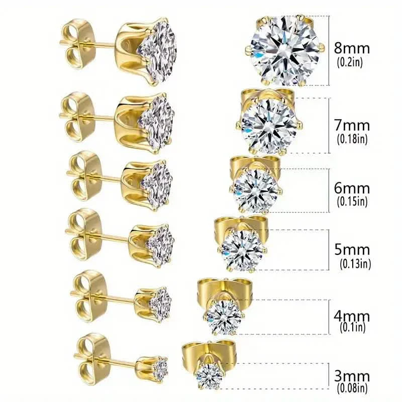 Image of 18K Gold Plated Ear Bone Buckle Stainless Steel 6-Prong Zirconia Stud Earrings