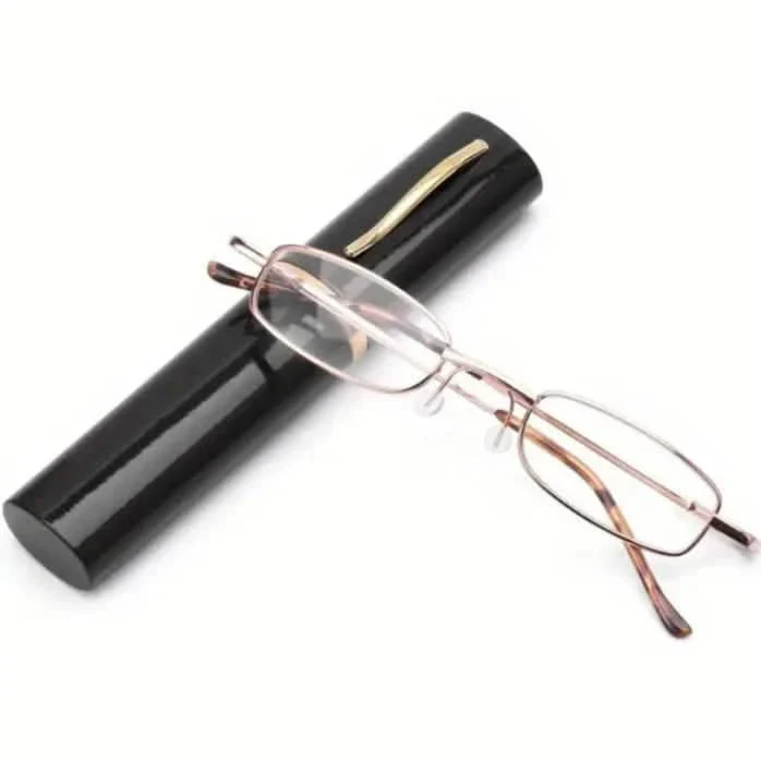 Image of Portable Presbyopia Reading Glasses with Pen Tube Case - Unisex, Metal Frame, Spring Hinge, +1.00~+4.00, Plastic Lens