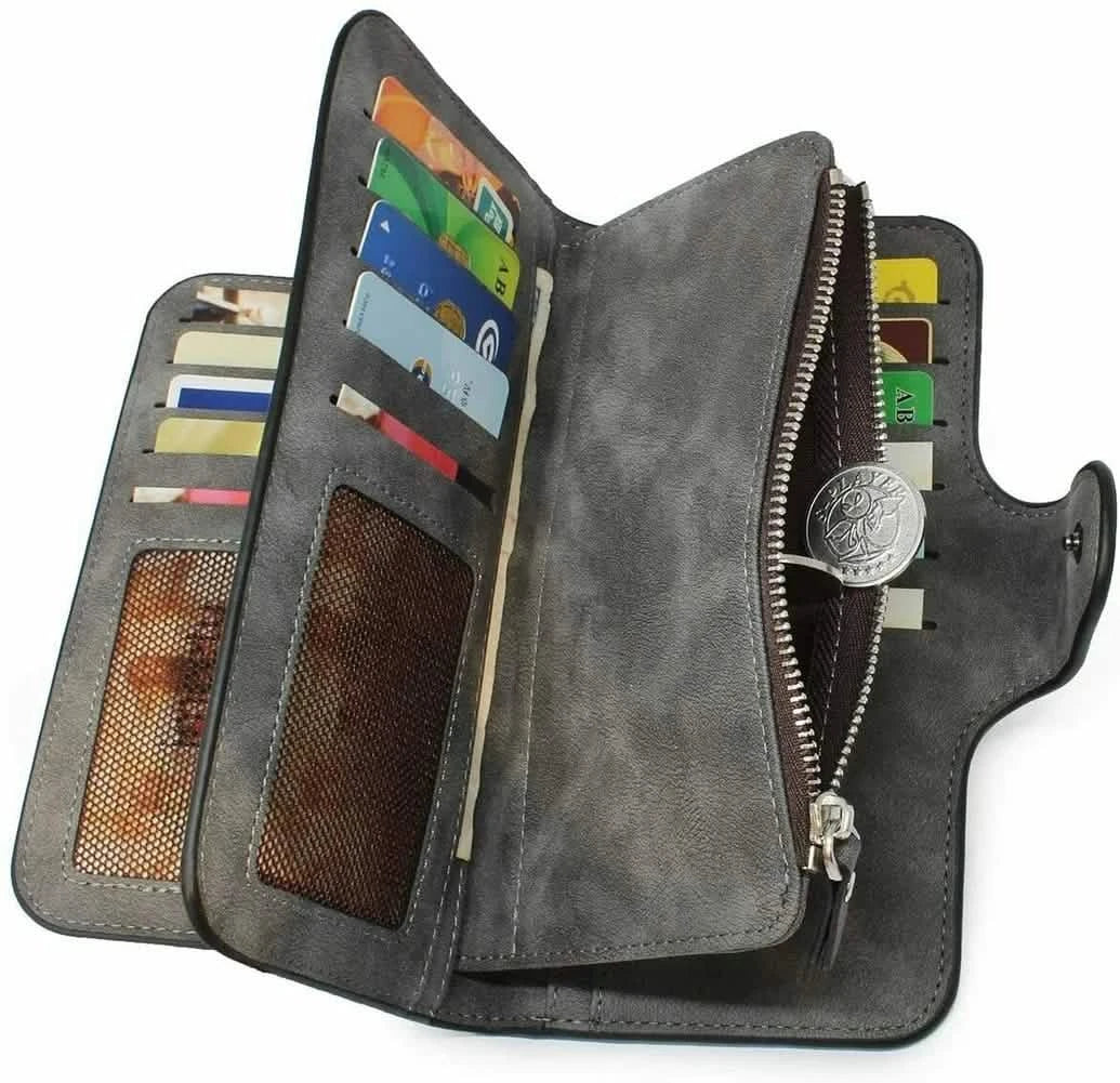 Image of Vintage Faux Leather Long Wallet – Trifold Credit Card Holder with Snap & Zipper