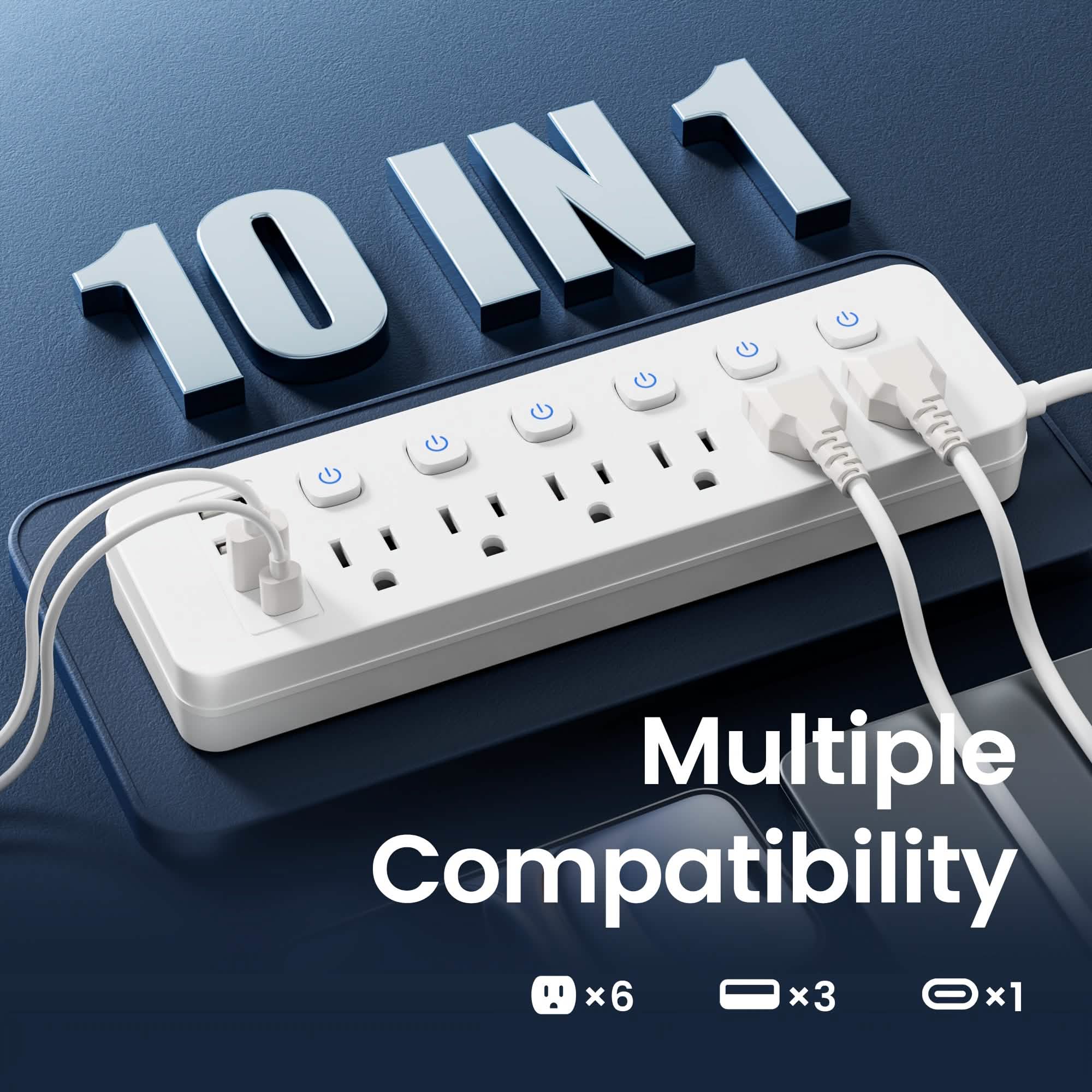 Image of 10-in-1 Multi-Outlet Power Strip – 6 AC, 3 USB-A, 1 Type-C