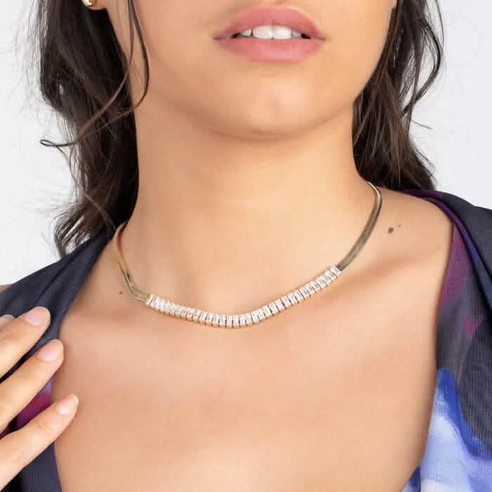Image of 18K Gold Crystal Herringbone Necklace