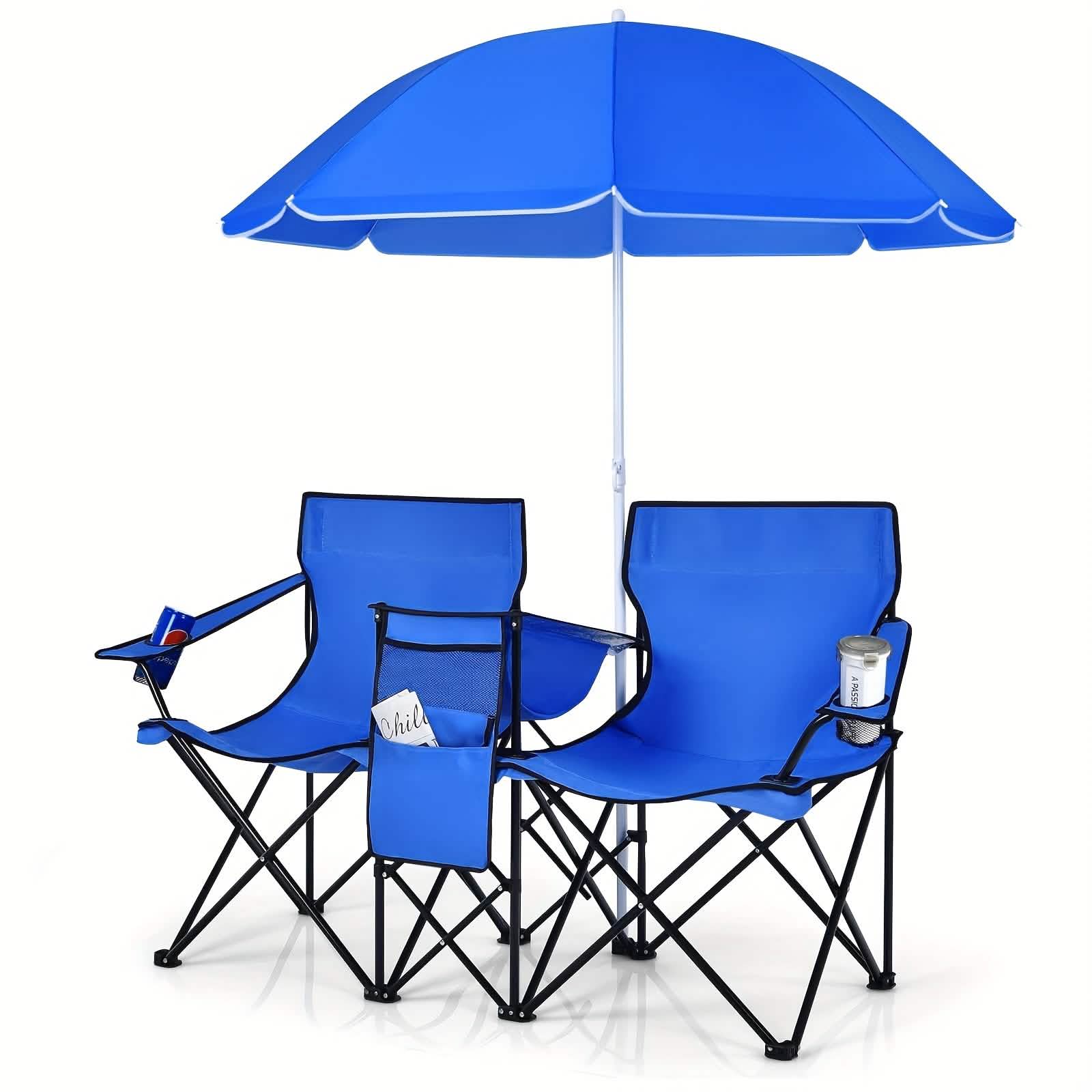 Image of Folding Double Camping Chair with Umbrella (Blue)