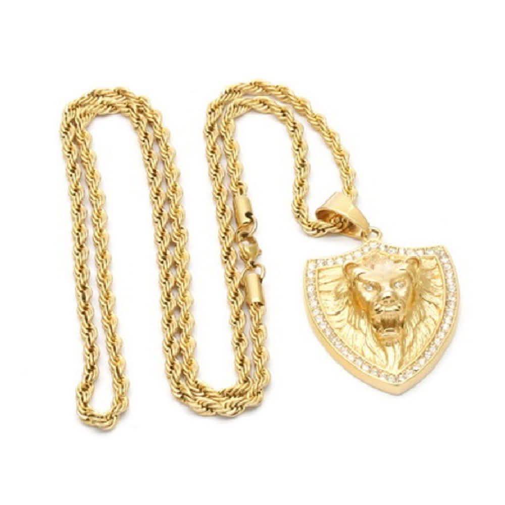 Image of Men's 18k Gold Plated Stainless Steel and Simulated Diamonds Lion Pendant