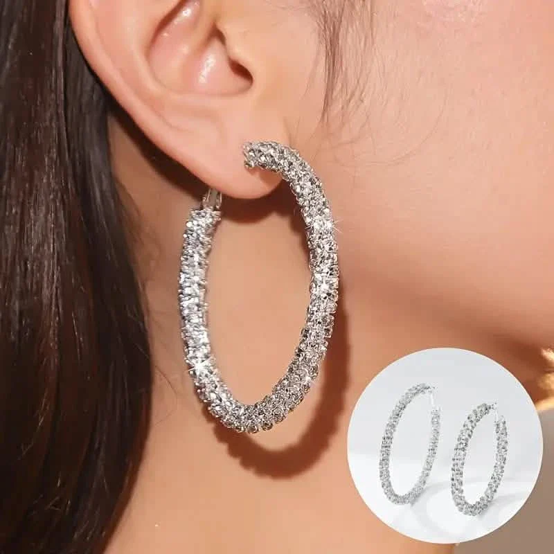 Image of Large Full Rhinestone Silver Hoop Earrings