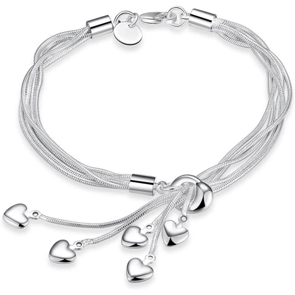 Image of .925 Sterling Silver Five-Line Chain with Five-Heart Bracelet