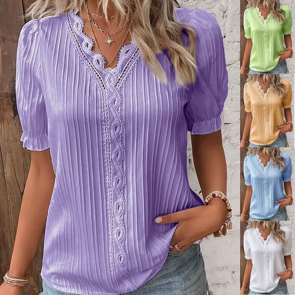 Image of Women's Shirt Blouse Plain Lace Short Sleeve Casual Basic V Neck