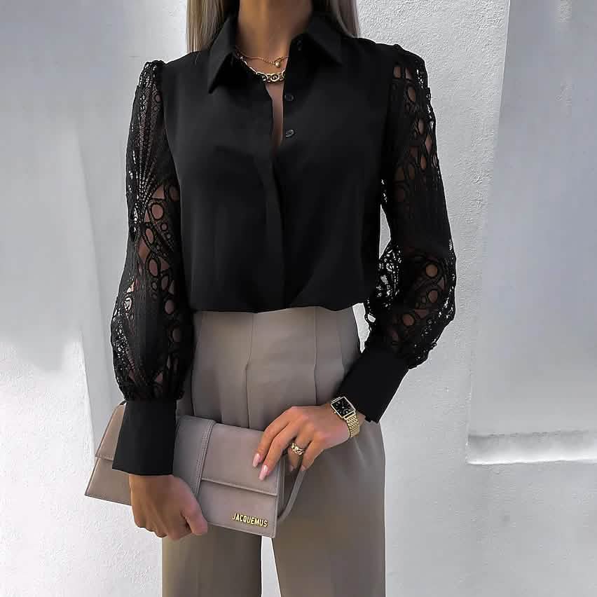 Image of Women's Long Sleeve Cutout Lace Button Down Shirt