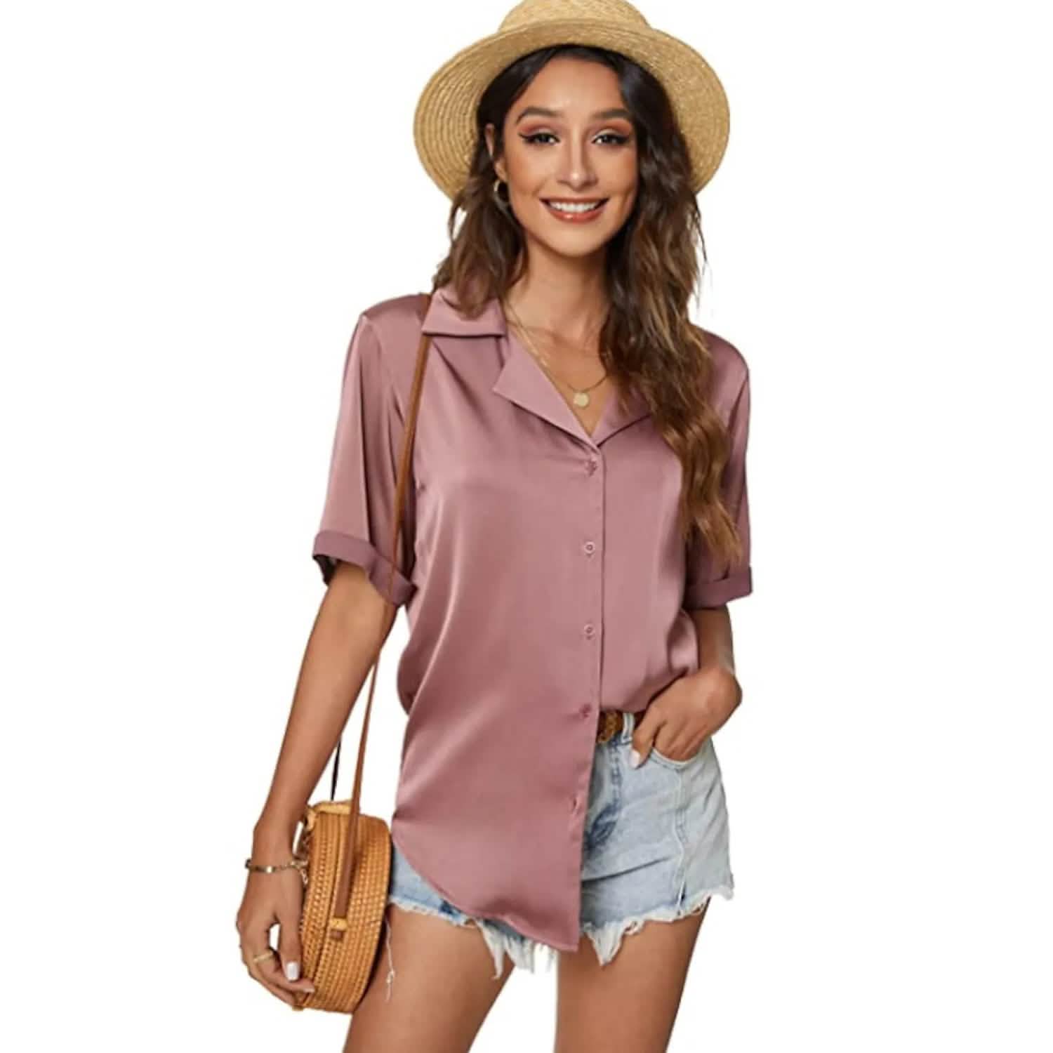 Image of Women's Short Sleeve Casual Satin Button Down Shirt