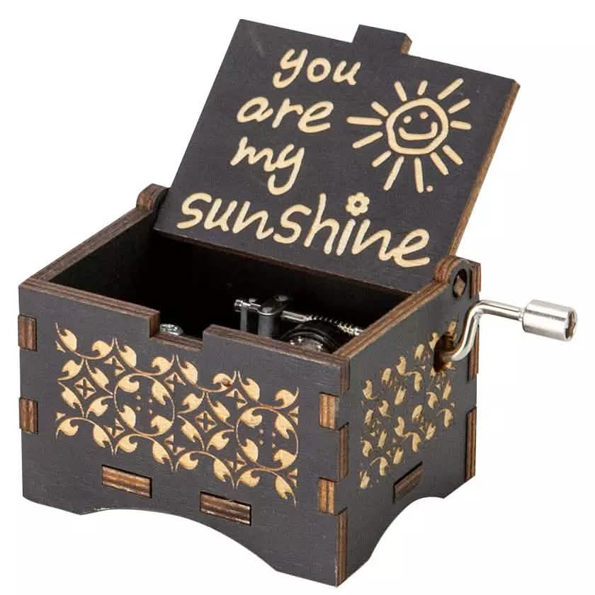 Image of Hand Crank Vintage Wood Carved Sunshine Musical Box