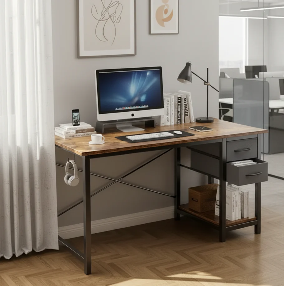 Image of 40/47 Inch Computer Desk with Fabric Storage Drawers, Modern Home Office Table