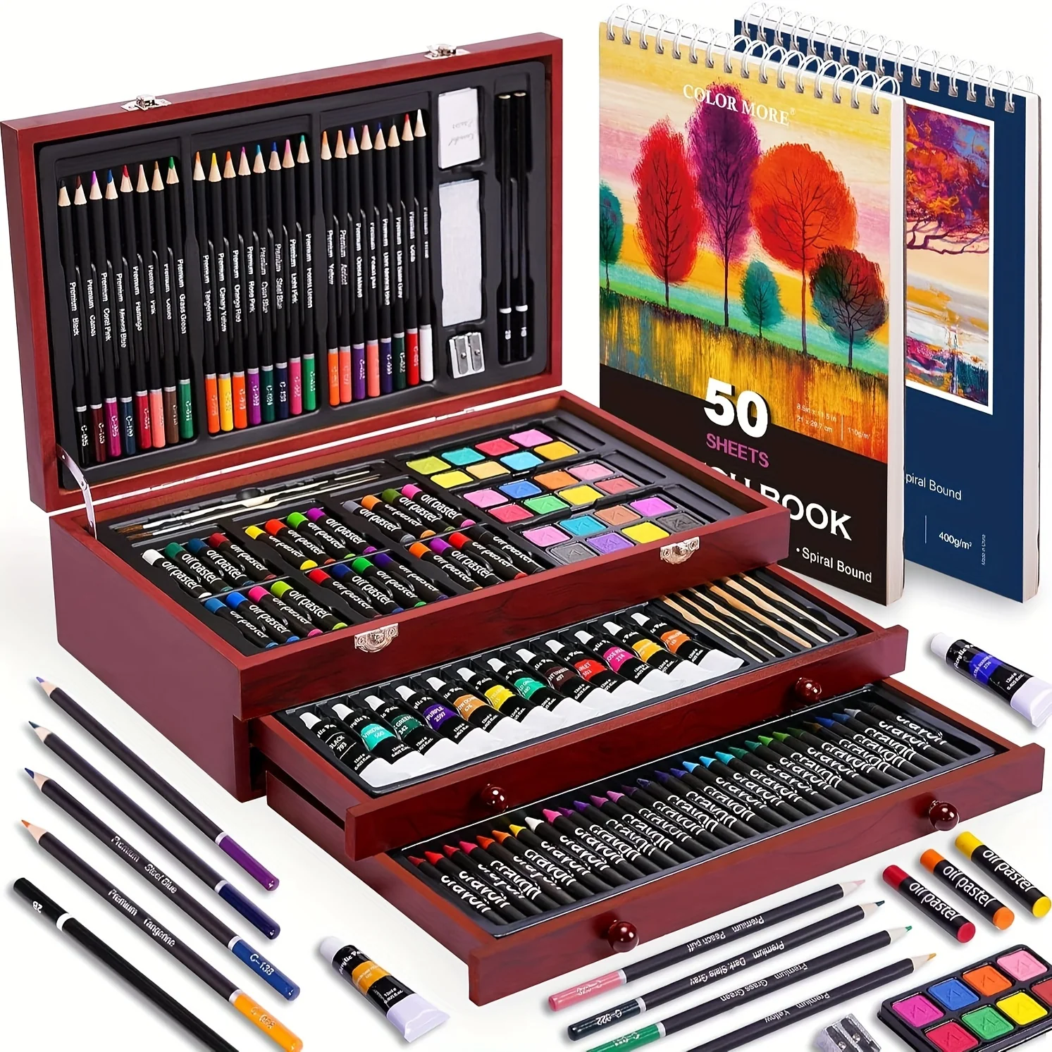 Image of 175-Piece Deluxe Art Set – Crayons, Colored Pencils & Acrylic Paints in Wooden Case