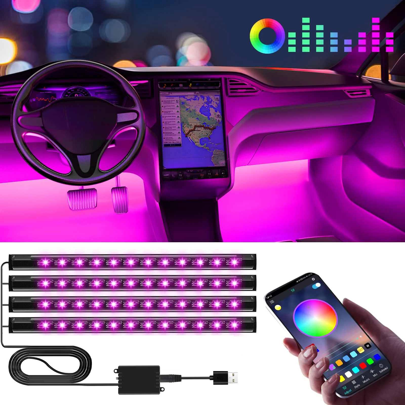 Image of Interior LED Lights — Music Sync App Control Color Changing USB Strip Lights for